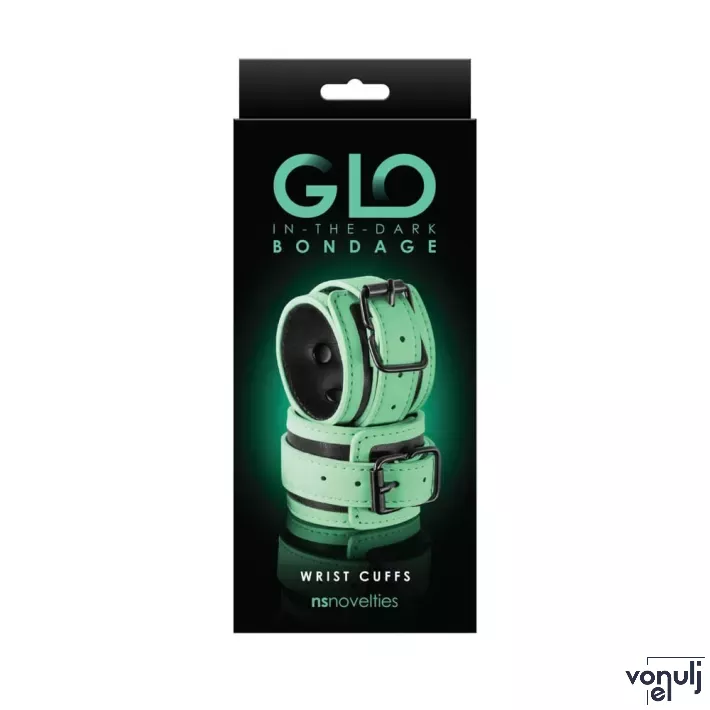 NS NOVELTIES bilincs Glo Bondage Wrist Cuff Green - fekete-fehér színben, sötétben zölden világító, csuklóra helyezhető