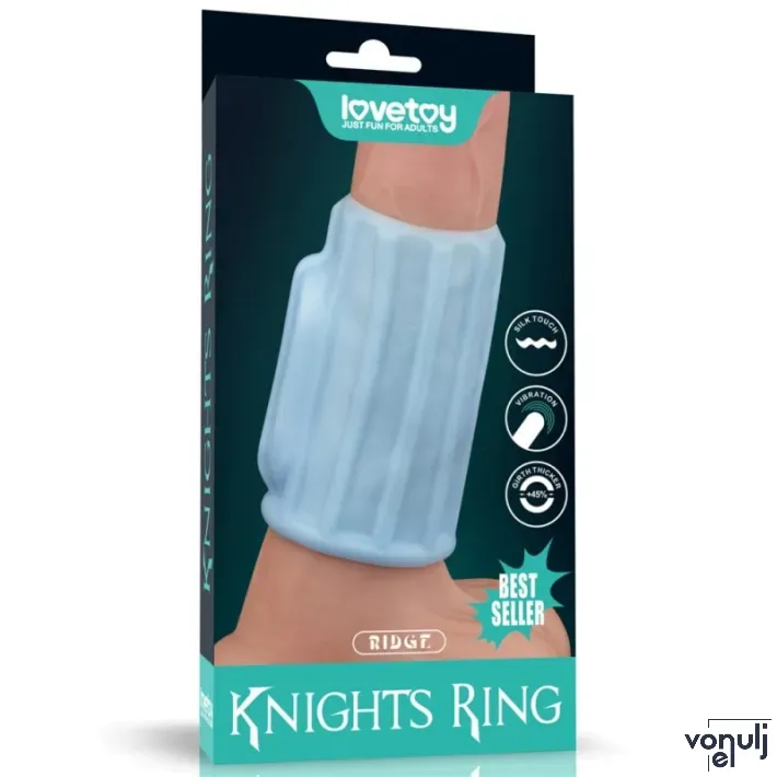 LOVETOY péniszmandzsetta Vibrating Ridge Knights Ring - kék színben, vibrációs funkcióval, barázdált stimuláló felszínnel, vízálló, elemes