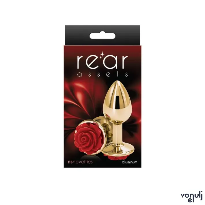 NS NOVELTIES fenékdugó Rear Assets Rose Small Red - arany színben, piros rózsával, S-méretben, vízálló, fém (7.6 cm)