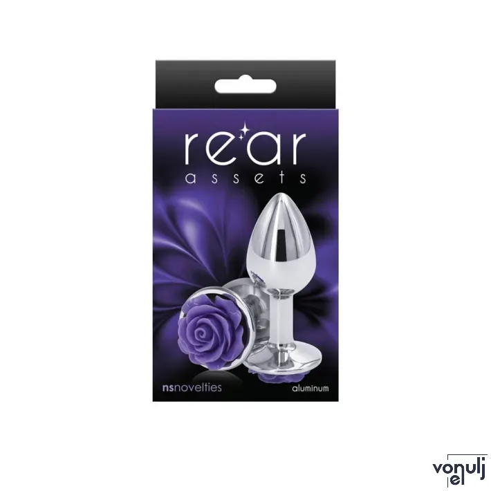 NS NOVELTIES fenékdugó Rear Assets Rose Small Purple - ezüst színben, lila rózsával, S-méretben, vízálló, fém (7.6 cm)