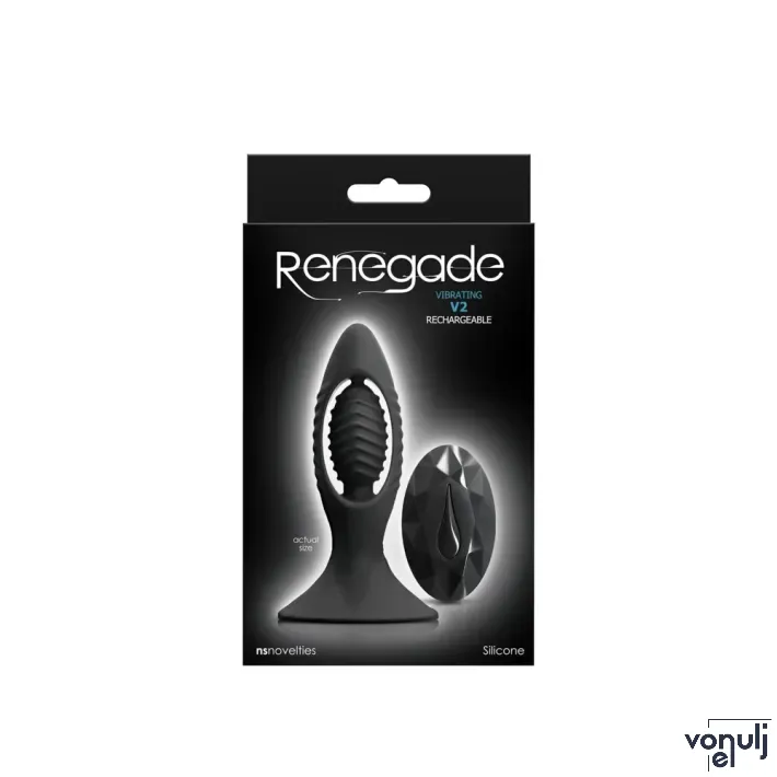 RENEGADE fenékdugó V2 Black - fekete színben, vibrátoros, letapasztható, távirányítóval, akkumulátoros