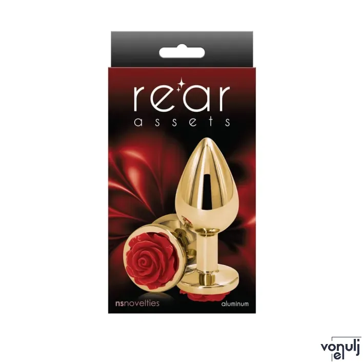 NS NOVELTIES fenékdugó Rear Assets Rose Medium Red - arany színben, piros rózsával, M-méretben, vízálló, fém ( 8.6 cm)