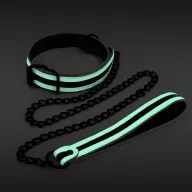 NS NOVELTIES nyakpánt és póráz Glo Bondage Collar and Leash Green - fekete-fehér színben, sötétben zölden világító