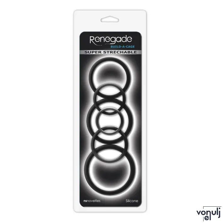 RENEGADE péniszgyűrű szett Build A Cage Rings Black - fekete színben, 6 különböző méretű, vízálló, vibráció nélküli