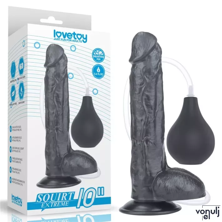LOVETOY élethű dildó 10" SQUIRT EXTREME DILDO - nagy méretű, herékkel, ejakuláló, nagy pumpa, letapasztható, fekete, PVC (25 cm)