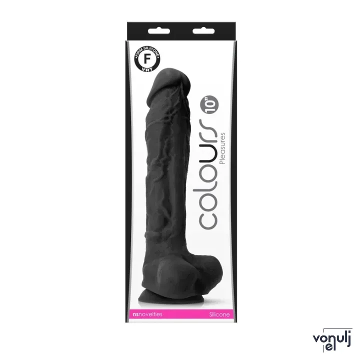 NS NOVELTIES élethű dildó 10" COLOURS PLEASURES - nagy méretű, herékkel, letapasztható, fekete, szilikon (25 cm)
