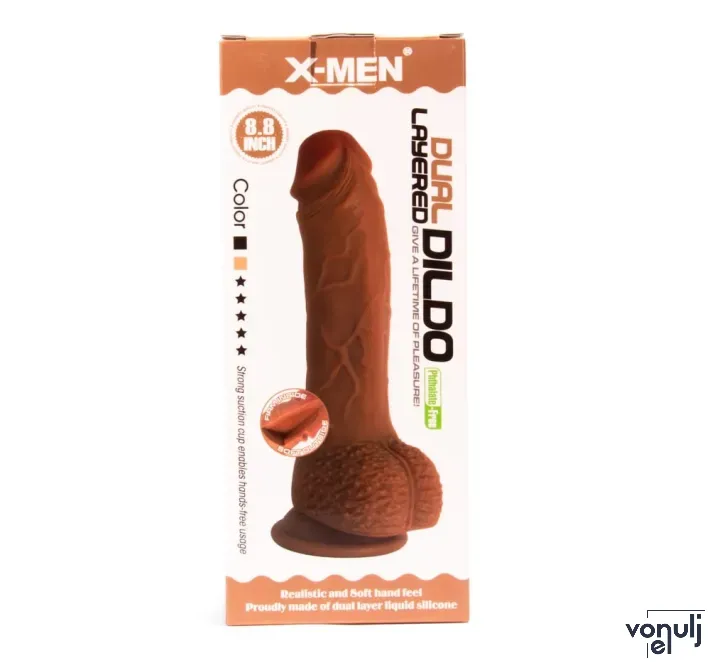 X-MEN élethű dildó 8.8" Dual Layer - Közepes méretű, herékkel, kétrétegű, letapasztható, világosbarna, szilikon (23 cm)
