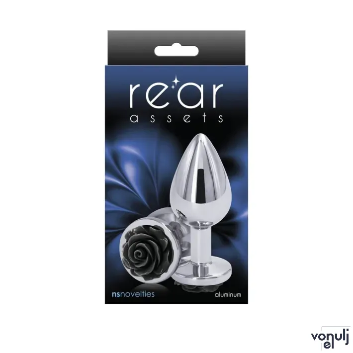 NS NOVELTIES fenékdugó Rear Assets Rose Medium Black - ezüst színben, fekete rózsával, M-méretben, vízálló, fém, (8.6 cm)