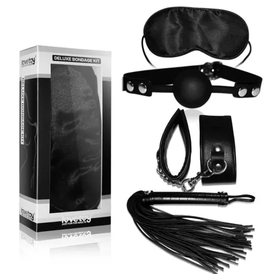 LOVETOY BDSM szett Deluxe Bondage Kit - szemmaszk, szájpecek, bilincs, korbács, fekete színben