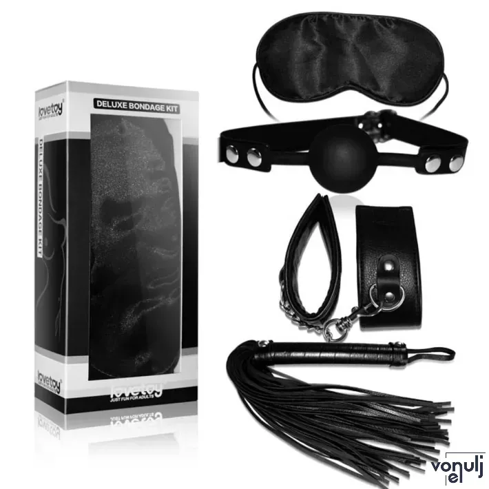 LOVETOY BDSM szett Deluxe Bondage Kit - szemmaszk, szájpecek, bilincs, korbács, fekete színben