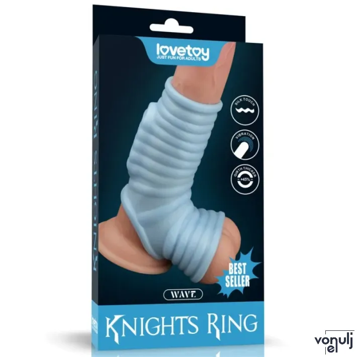 LOVETOY péniszmandzsetta Vibrating Wave Knights Ring with Scrotum Sleeve - kék színben, vibrációs funkcióval, herére húzható, vízálló, elemes