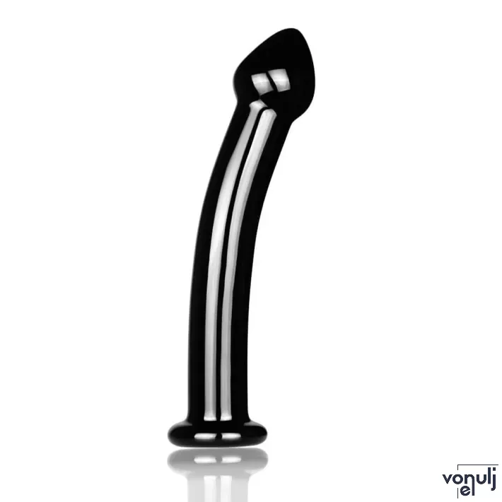 LOVETOY nonfiguratív dildó Glass Romance Black 2 - üveg, fekete színben, hajlított, vízálló, 16 cm