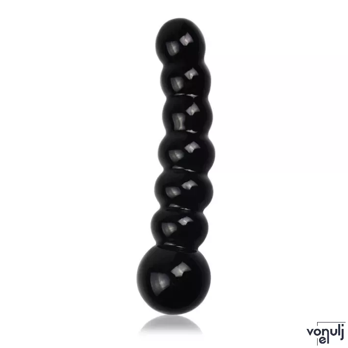 LOVETOY nonfiguratív dildó Glass Romance Black 3 - üveg, fekete színben, bordázott, hajlított, vízálló, 17 cm