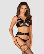 OBSESSIVE dögös együttes Armares 3-pcs crotchless set - fekete színben, melltartó, alul nyitott bugyi, harisnyatartó, M/L méretben