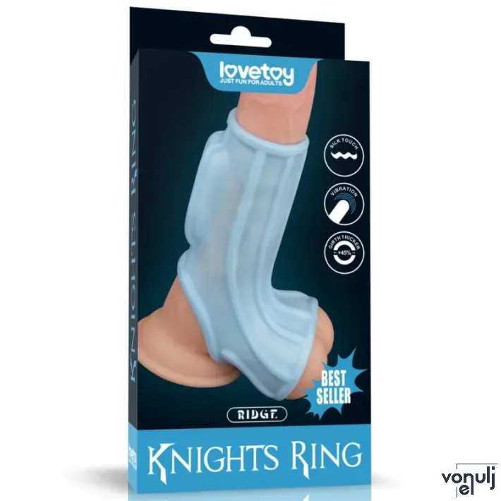 LOVETOY péniszmandzsetta Vibrating Ridge Knights Ring with Scrotum Sleeve - kék színben, vibrációs funkcióval, herére húzható, vízálló, elemes