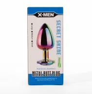 X-MEN fenékdugó Secret Shine Metal Butt Plug Rainbow L - szivárvány színben, szivárványos kővel, L-méretben, vízálló, fém (8.2 cm)