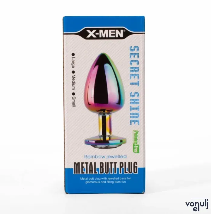 X-MEN fenékdugó Secret Shine Metal Butt Plug Rainbow L - szivárvány színben, szivárványos kővel, L-méretben, vízálló, fém (8.2 cm)