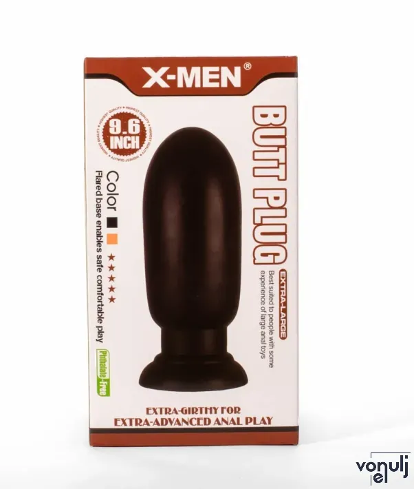 X-MEN fenékdugó 9.6" Huge Butt Plug Black 1 - fekete színben, letapasztható, PVC, 24 cm