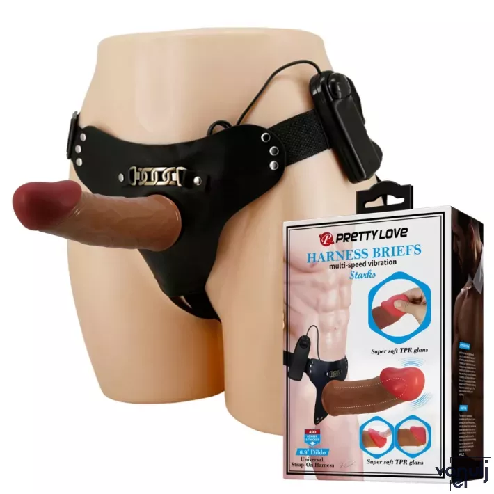 Strapon vibrátor hámmal Pretty love Stark Harness Briefs Brown - 17,5 cm dildóval