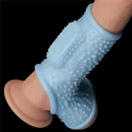 LOVETOY péniszmandzsetta Vibrating Drip Knights Ring with Scrotum Sleeve - kék színben, vibrációs funkcióval, herére húzható, vízálló, elemes