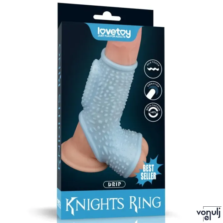 LOVETOY péniszmandzsetta Vibrating Drip Knights Ring with Scrotum Sleeve - kék színben, vibrációs funkcióval, herére húzható, vízálló, elemes