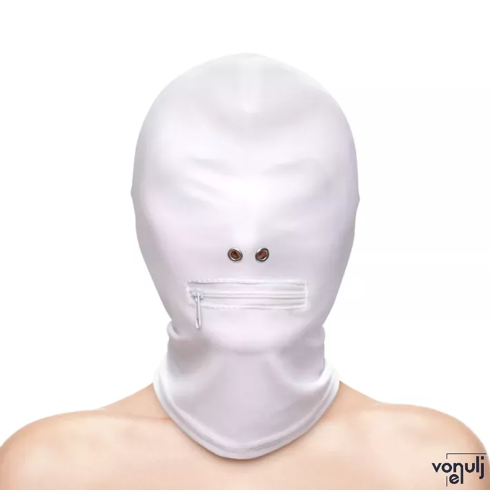 NS NOVELTIES BDSM maszk Fetish&Fashion Zippered Mouth Hood - fehér színben, légzőnyílással, szájnál cipzáros, BDSM szex kelléke