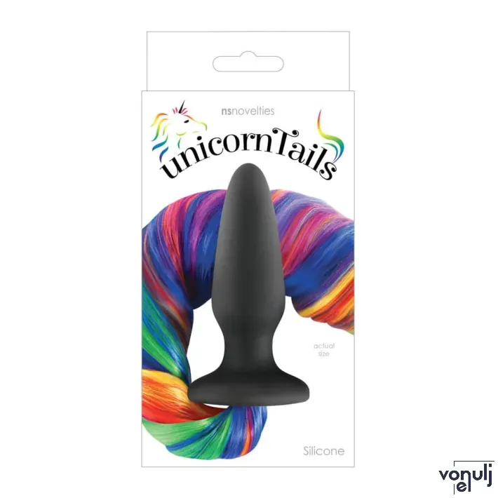 NS NOVELTIES fenékdugó Unicorn Tails Rainbow - szivárvány és fekete színben, unicornis farokkal, 10,5 cm fenékdugóval, vízálló, szlikon
