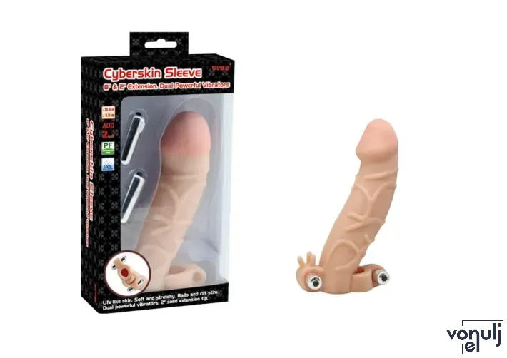 CHARMLY TOY péniszköpeny Cyberskin Extension Sleeve Dual Powerful Vibrators Flesh - realisztikus, testszínű, vibrációs, vízálló, elemes, 20 cm