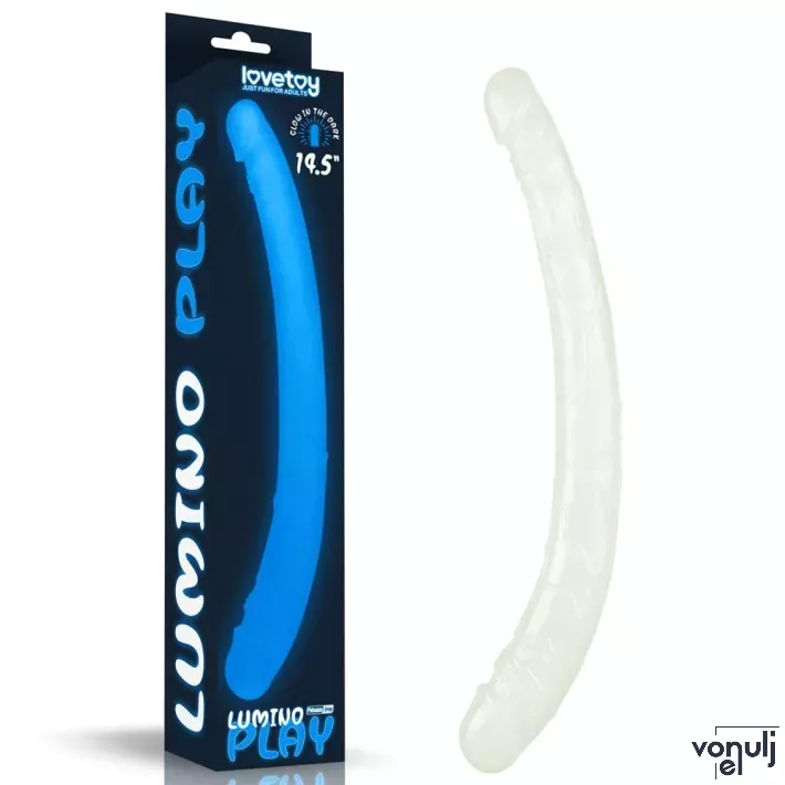 LOVETOY kétvégű dildó Lumino Play Double Dildo - áttetsző, sötétben kéken világító, hajlítható, vízálló, TPE ( 37 cm )