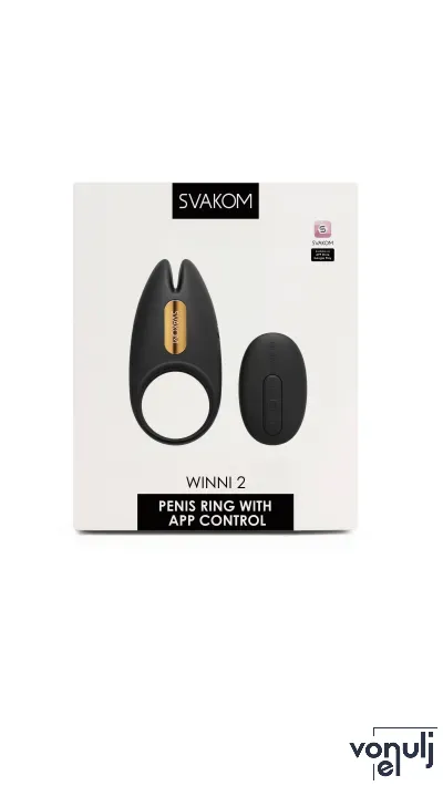 SVAKOM péniszgyűrű Winni 2 - fekete színben, vibrációs funkcióval, csiklóizgatós, okos, ingyenes applikációval, vízálló, akkumulátoros, távirányítóval