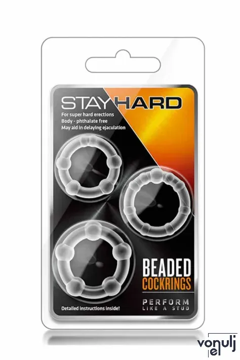 BLUSH péniszgyűrű szett Stay Hard Beaded Cockrings Clear - áttetsző, 3 különböző méretű, vízálló, vibráció nélküli