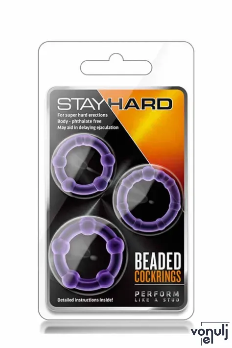 BLUSH péniszgyűrű szett Stay Hard Beaded Cockrings Purple - lila színben, 3 különböző méretű, vízálló, vibráció nélküli