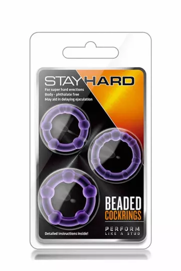 BLUSH péniszgyűrű szett Stay Hard Beaded Cockrings Purple - lila színben, 3 különböző méretű, vízálló, vibráció nélküli
