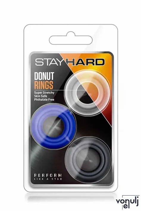 BLUSH péniszgyűrű szett Stay Hard Donut Rings Assorted - 3 különböző színű, vízálló, vibráció nélküli