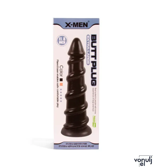 X-MEN fenékdugó 11.8 inch Butt Plug Black - fekete színben, spirális felszínnel, letapasztható, PVC, 30 cm