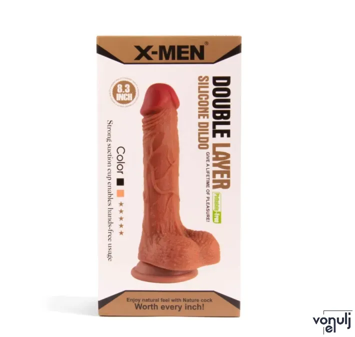 X-MEN élethű dildó 8.3" Double Layer - Közepes méretű, herékkel, kétrétegű, letapasztható, világosbarna, szilikon (21 cm)