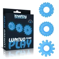 LOVETOY péniszgyűrű Lumino Play Penis Ring - kék színben, sötétben világító, 3 eltérő külső átmérővel, vízálló