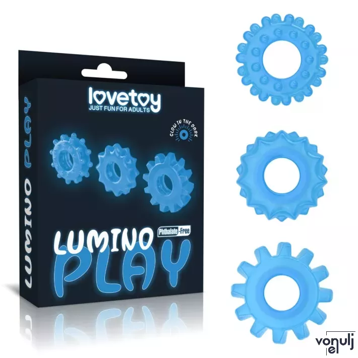 LOVETOY péniszgyűrű Lumino Play Penis Ring - kék színben, sötétben világító, 3 eltérő külső átmérővel, vízálló