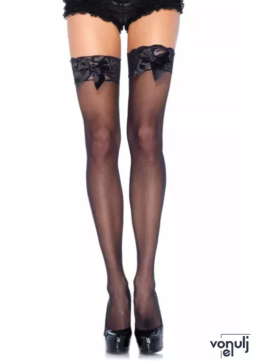 LEG AVENUE szexi combfix Sheer Thigh Highs Lace Top - fekete színben, masnival díszitve, O/S egy méretben