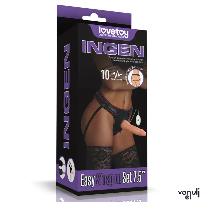 LOVETOY felcsatolható vibrátor Vibrating Easy Strapon Set 7,5'' - realisztikus műpénisz, vízálló, letapasztható, távirányítós, 19 cm