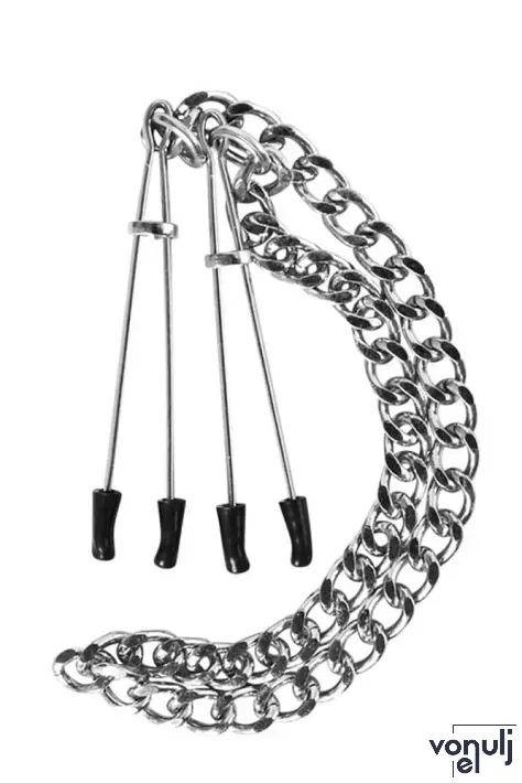 GUILTY PLEASURE mellbimbó csipesz Nipple Tweezers - fém, ezüst színben, láncos
