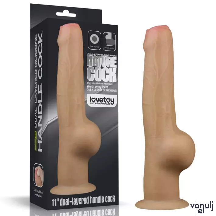 LOVETOY élethű dildó 11" NATURE COCK PLATINUM - nagy méretű, teljes méretű herékkel, kétrétegű, hosszított, letapasztható, szilikon (28cm)