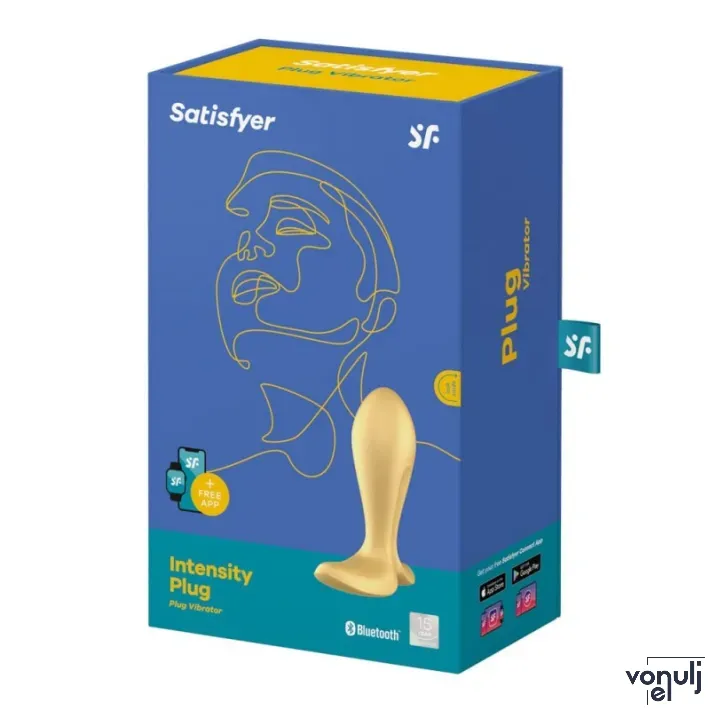 SATISFYER fenékdugó Intensity Plug Gold - arany színben, vibrációs funkcióval, ingyenes applikációval, vízálló, akkumulátoros