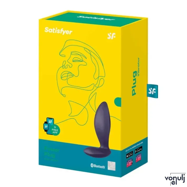SATISFYER fenékdugó Power Plug - lila színben, vibrációs funkcióval, ingyenes applikációval, vízálló, akkumulátoros