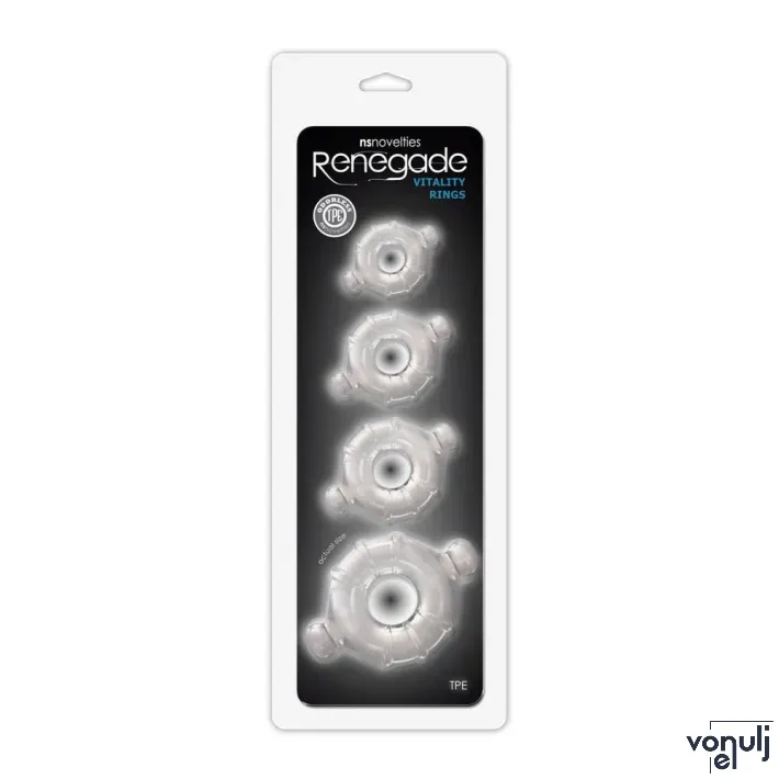 RENEGADE péniszgyűrű szett Vitality Rings Clear - áttetsző, 4 különböző méretű, vízálló, vibráció nélküli