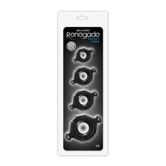 RENEGADE péniszgyűrű szett Vitality Rings Black - fekete színben, 4 különböző méretű, vízálló, vibráció nélküli