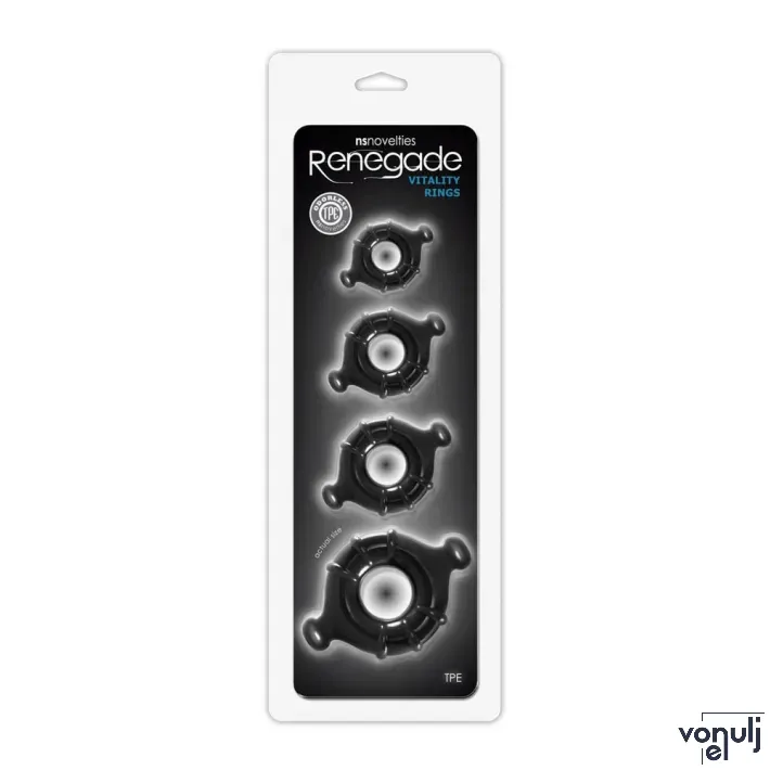 RENEGADE péniszgyűrű szett Vitality Rings Black - fekete színben, 4 különböző méretű, vízálló, vibráció nélküli