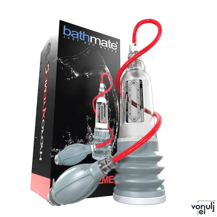 BATHMATE péniszpumpa Hydroxtreme 5 - áttetsző színben, 8-13cm méretű péniszhez, vízzel kombinált vákuumos hatással, plusz pumpával, vízálló