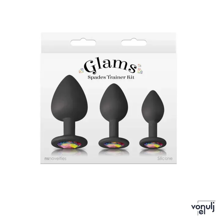 NS NOVELTIES análszett Glams Spades Trainer Kit  Black - fekete színben, színes kővel,  3 különböző fenékdugó, vízálló, szilikon