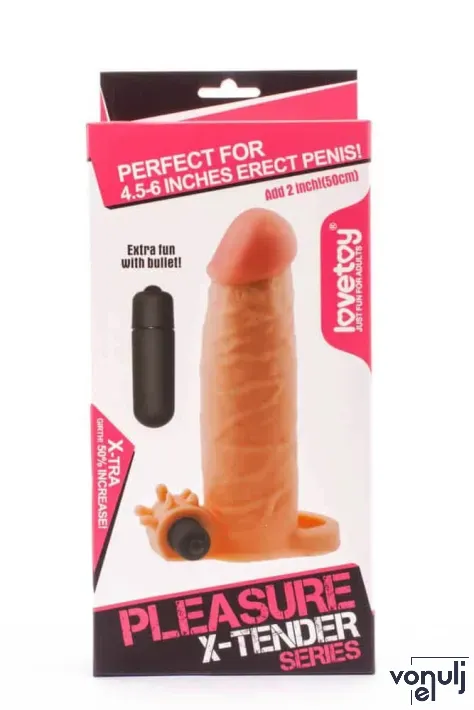 LOVETOY péniszköpeny Pleasure X-Tender Vibrating Penis Sleeve 1 - realisztikus, testszínű, vibrációs funkcióval, vízálló, elemes, (17,5 cm)
